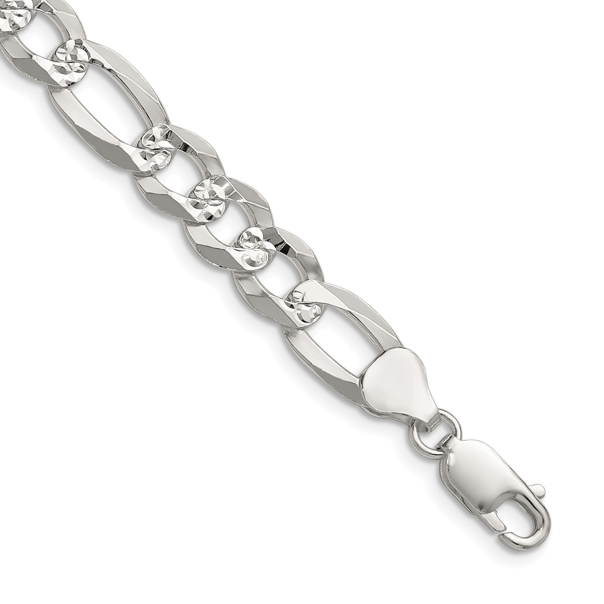 925 White Gold 8.5 mm Figaro Chain Necklace, Polished detail view