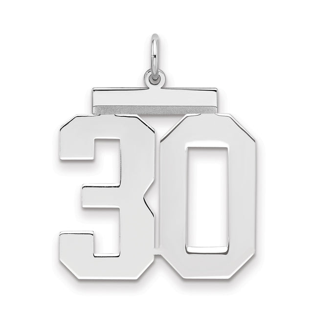 Large Polished Number 30 Charm Pendant in Real 925 Sterling Silver