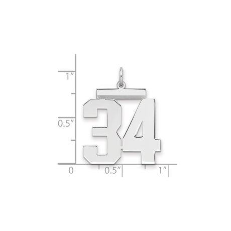 Large Polished Number 34 Charm Pendant in Real 925 Sterling Silver