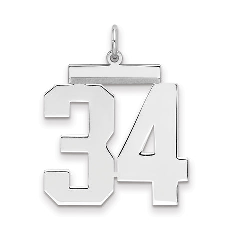 Large Polished Number 34 Charm Pendant in Real 925 Sterling Silver