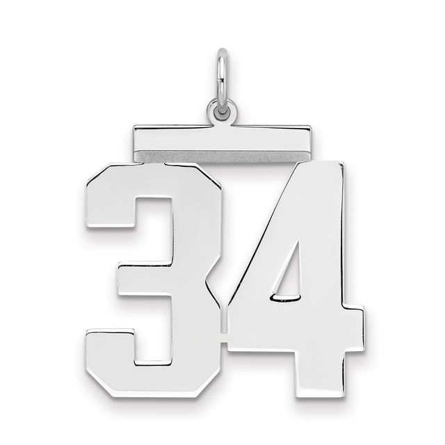 Large Polished Number 34 Charm Pendant in Real 925 Sterling Silver
