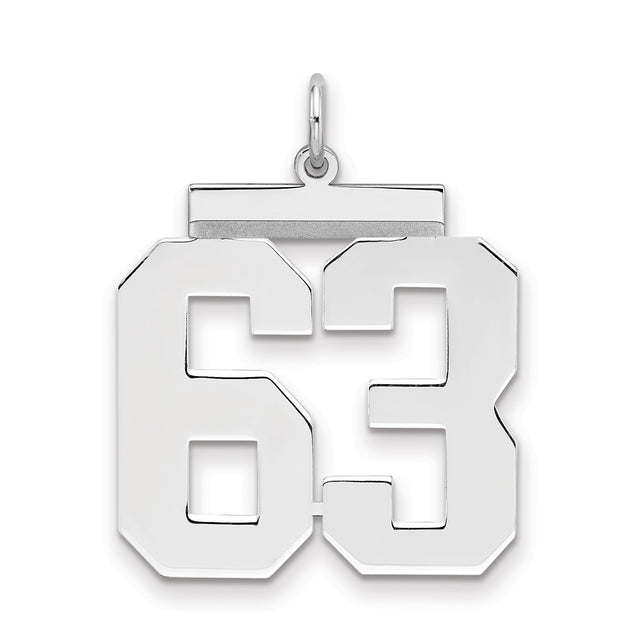 Large Polished Number 63 Charm Pendant in Real 925 Sterling Silver