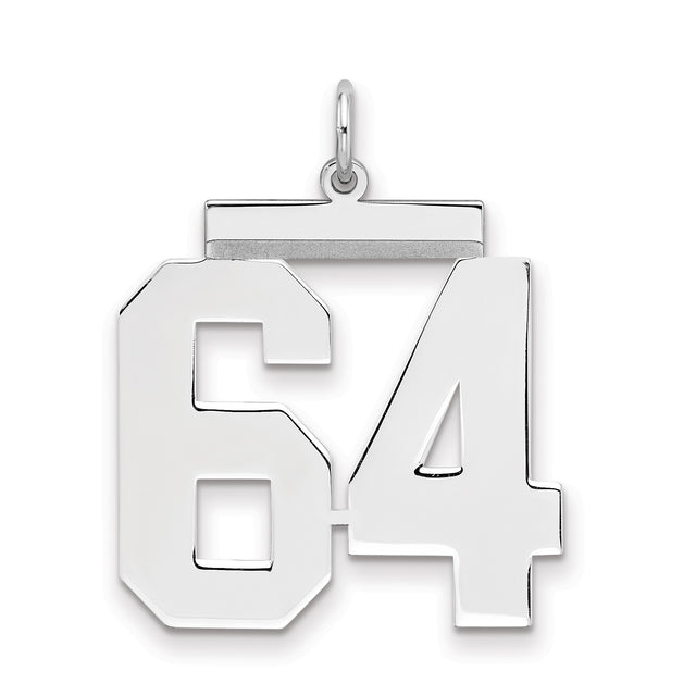 Large Polished Number 64 Charm Pendant in Real 925 Sterling Silver