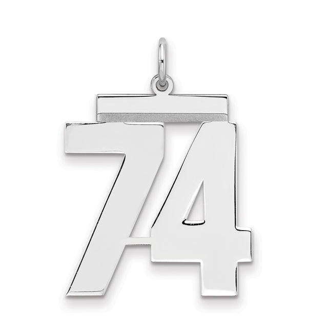 Large Polished Number 74 Charm Pendant in Real 925 Sterling Silver