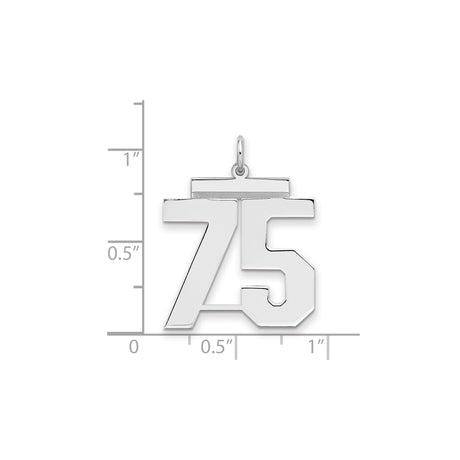 Large Polished Number 75 Charm Pendant in Real 925 Sterling Silver