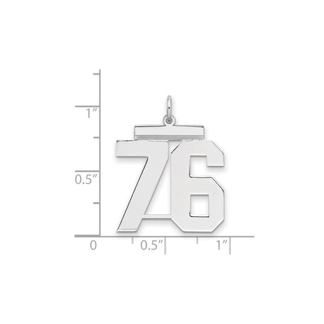 Large Polished Number 76 Charm Pendant in Real 925 Sterling Silver