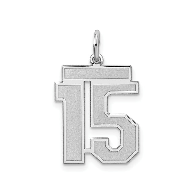 Sterling Silver Number 15 Pendant Charm, Block Font, Bold Satin Finish, Unisex Jewelry
