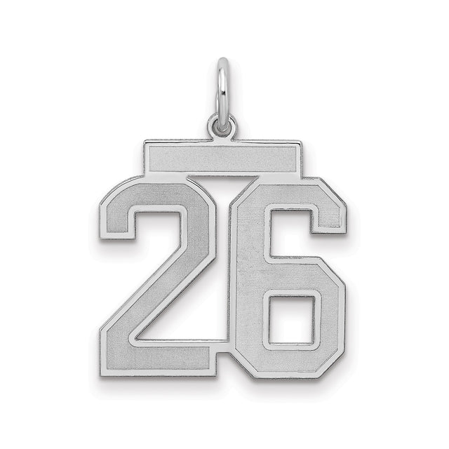 Sterling Silver Number 26 Pendant Charm, Polished Brushed Finish, Athletic Font, Unisex Jewelry