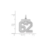 Sterling Silver Number 62 Pendant, Satin Finish Block Style Sports Charm for Men or Unisex