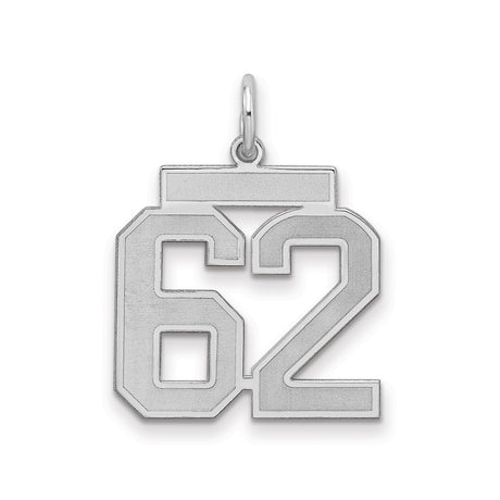 Sterling Silver Number 62 Pendant, Satin Finish Block Style Sports Charm for Men or Unisex