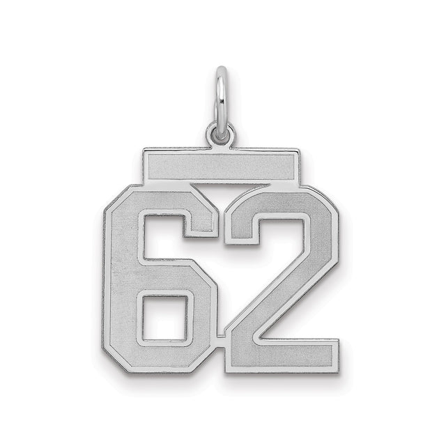 Sterling Silver Number 62 Pendant, Satin Finish Block Style Sports Charm for Men or Unisex