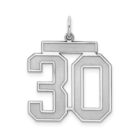 Sterling Silver Number 30 Pendant, Bold Varsity Style, Satin Finish, Unisex Sports Charm