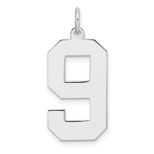 Sterling Silver Number 9 Pendant Charm, Bold Block Font, Unisex Sports or Lucky Number Style
