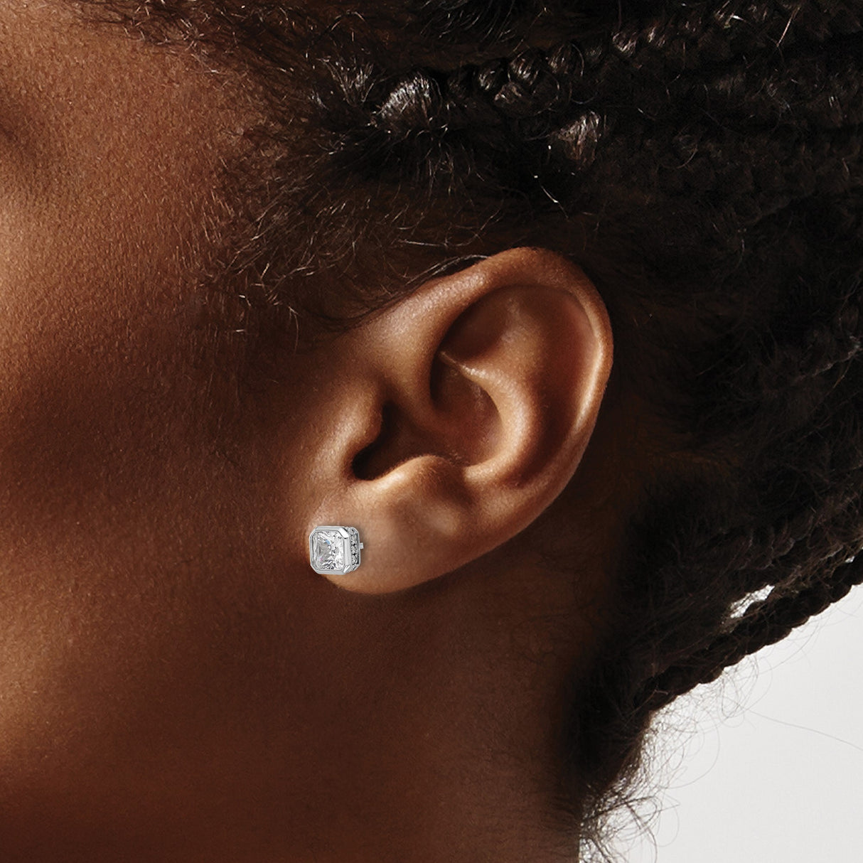 Sterling Silver Stud Earrings with Square Cut Cubic Zirconia and Halo Design
