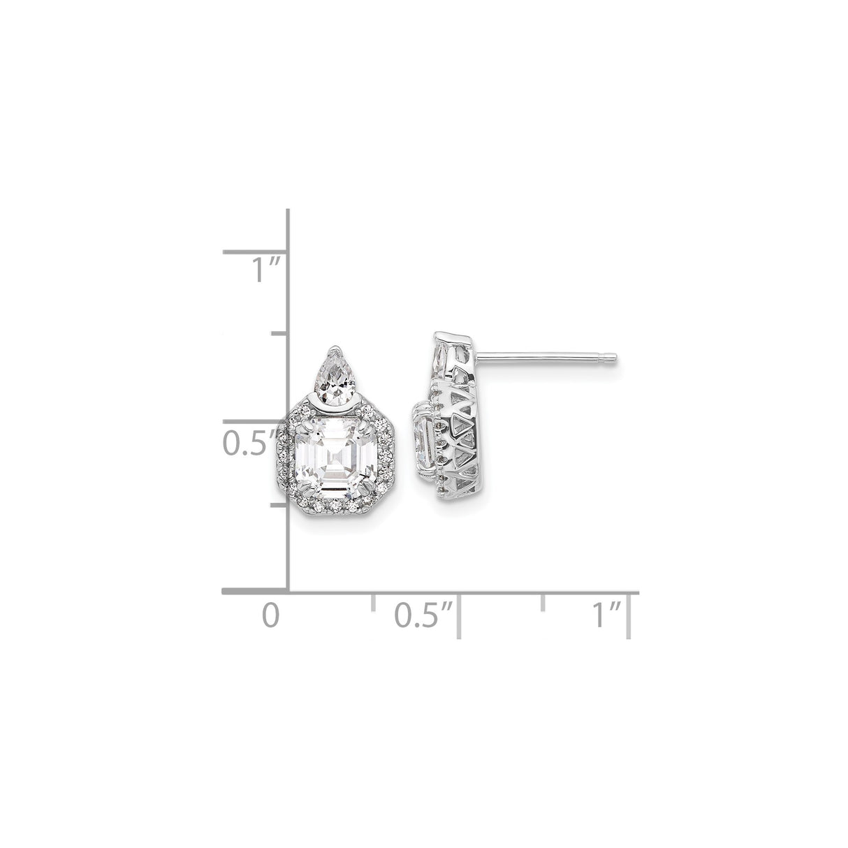 Sterling Silver Stud Earrings with Square Cut Cubic Zirconia, Halo Setting and Teardrop Accent