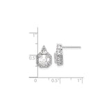 Sterling Silver Stud Earrings with Square Cut Cubic Zirconia, Halo Setting and Teardrop Accent