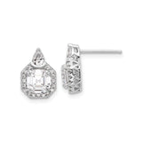 Sterling Silver Stud Earrings with Square Cut Cubic Zirconia, Halo Setting and Teardrop Accent