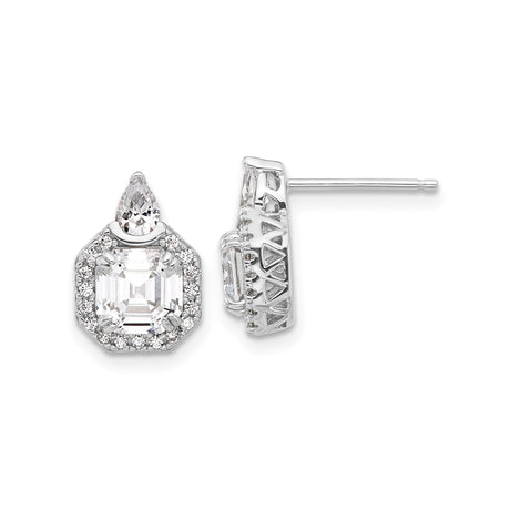 Sterling Silver Stud Earrings with Square Cut Cubic Zirconia, Halo Setting and Teardrop Accent