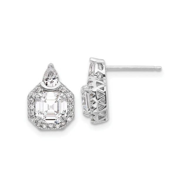 Sterling Silver Stud Earrings with Square Cut Cubic Zirconia, Halo Setting and Teardrop Accent