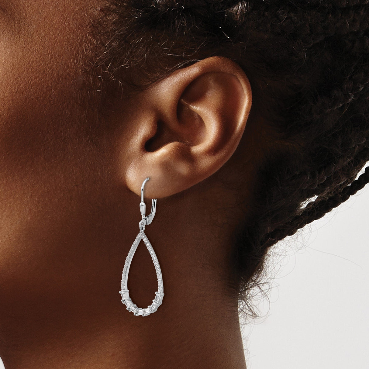 Sterling Silver Teardrop Dangle Earrings with Cubic Zirconia and Baguette Accents