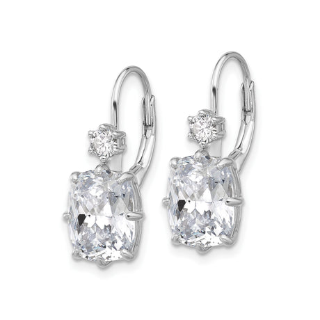 Sterling Silver Leverback Drop Earrings with Cushion Cut Cubic Zirconia, Rhodium Plated