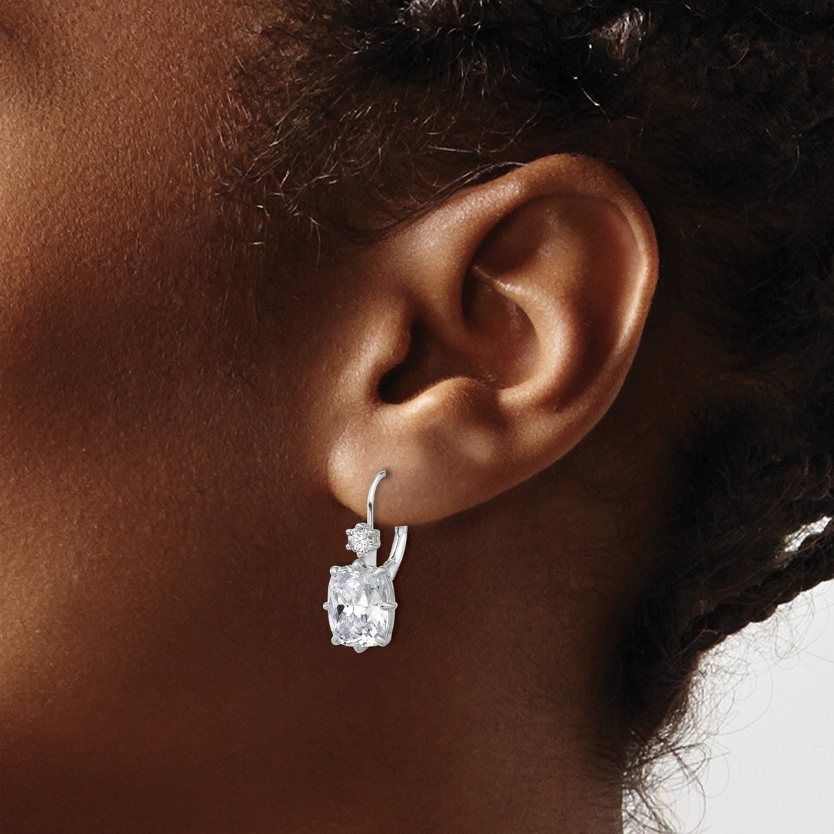 Sterling Silver Leverback Drop Earrings with Cushion Cut Cubic Zirconia, Rhodium Plated
