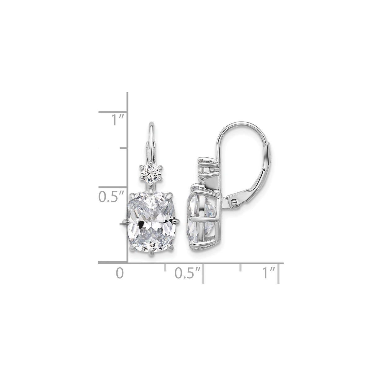 Sterling Silver Leverback Drop Earrings with Cushion Cut Cubic Zirconia, Rhodium Plated