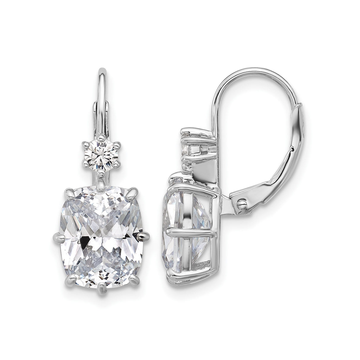 Sterling Silver Leverback Drop Earrings with Cushion Cut Cubic Zirconia, Rhodium Plated