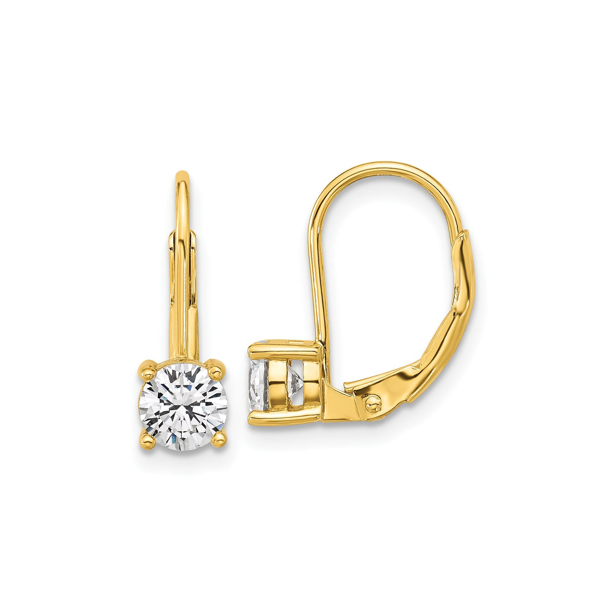 Womens Gold Leverback Earrings with Yellow Gold Finish, Sterling Silver Cubic Zirconia Solitaire Studs, Round Cut Clear Stones, Four Prong Setting, Elegant Drop Design for Formal and Daily Wear
