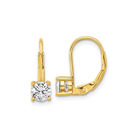 Womens Gold Leverback Earrings with Yellow Gold Finish, Sterling Silver Cubic Zirconia Solitaire Studs, Round Cut Clear Stones, Four Prong Setting, Elegant Drop Design for Formal and Daily Wear