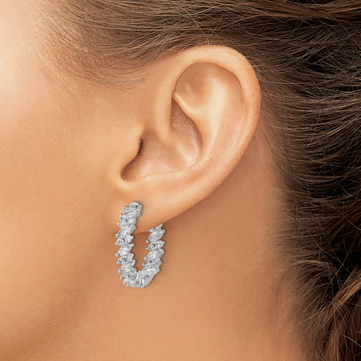 Sterling Silver Hoop Earrings with Marquise and Round Cubic Zirconia Prong Set Stones