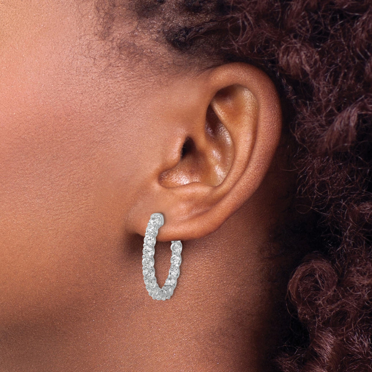 Sterling Silver Hoop Earrings with Round Cut Cubic Zirconia, Prong Set Heart Design