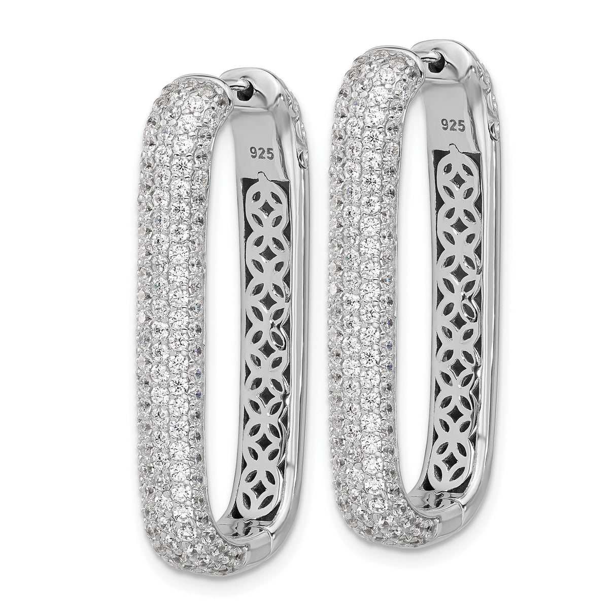 Sterling Silver Hoop Earrings with Cubic Zirconia, Elongated Rectangular Drop Design