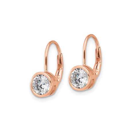 Sterling Silver Rose Gold Plated Leverback Drop Earrings with Cubic Zirconia Bezel Setting