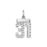 Sterling Silver Number 31 Pendant, Polished Textured Block Style Sports Charm, Unisex Jewelry