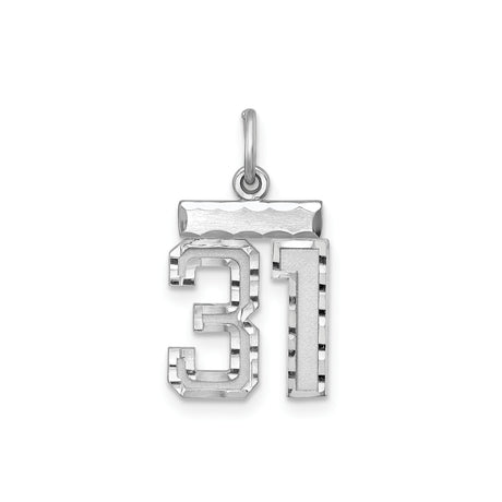 Sterling Silver Number 31 Pendant, Polished Textured Block Style Sports Charm, Unisex Jewelry