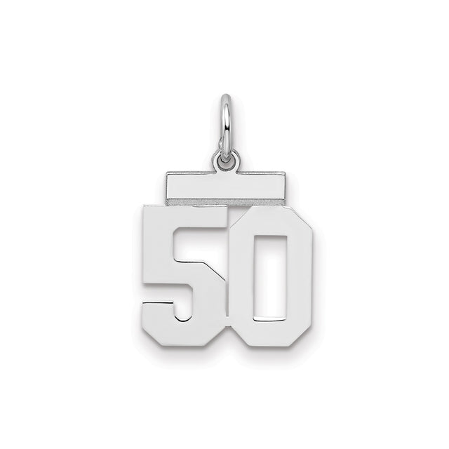 Sterling Silver 50 Pendant, Polished Block-Style Number Charm for Birthday or Anniversary