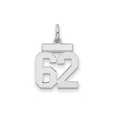 Sterling Silver Number 62 Pendant Charm, Bold Sports Font, Jersey or Lucky Year Style