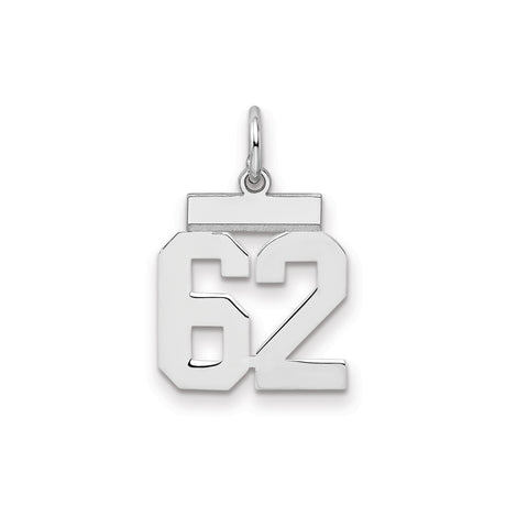 Sterling Silver Number 62 Pendant Charm, Bold Sports Font, Jersey or Lucky Year Style