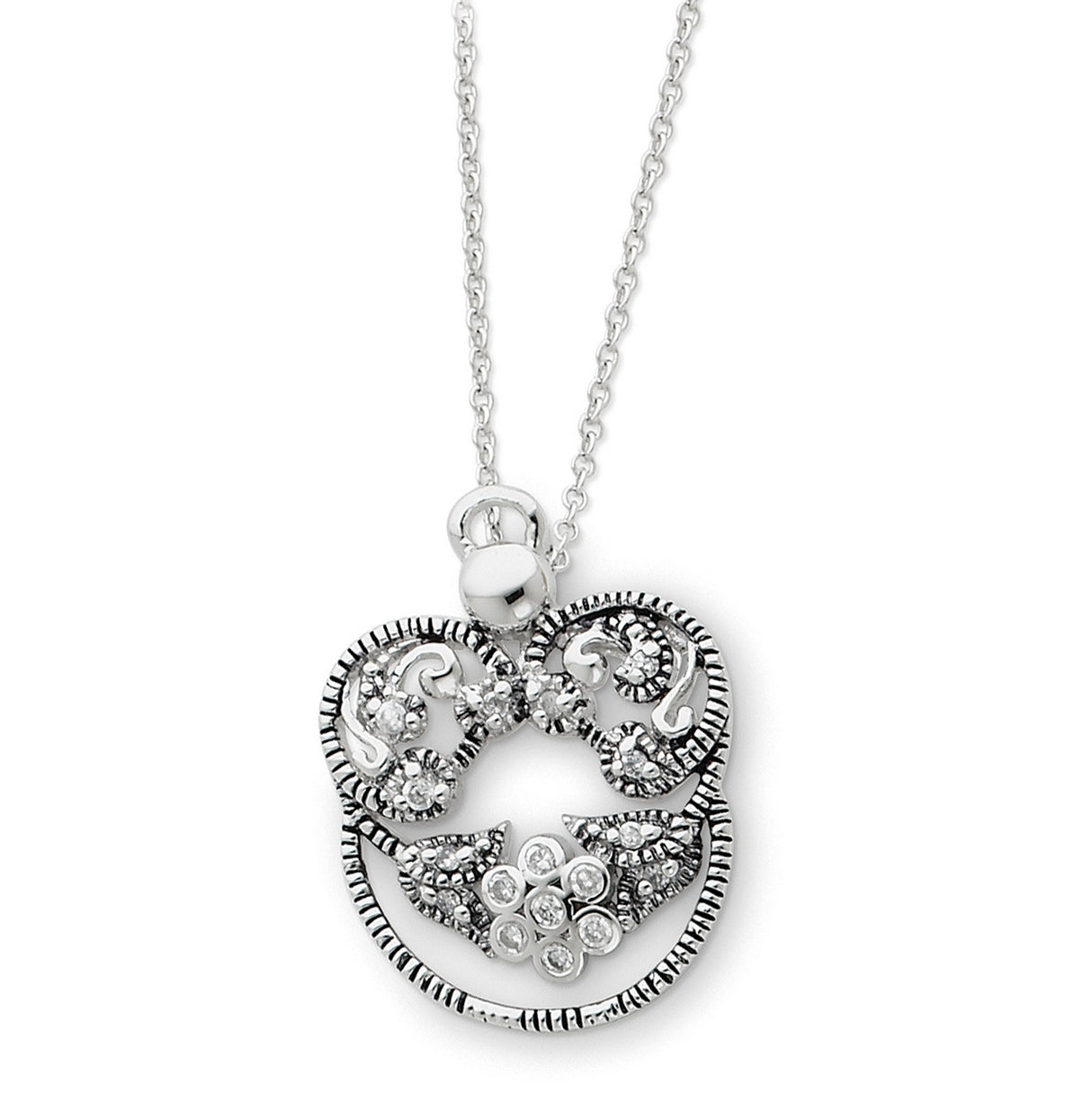 CZ Antiqued Angel of Grace 18in Necklace Charm Pendant in Real 925 Sterling Silver