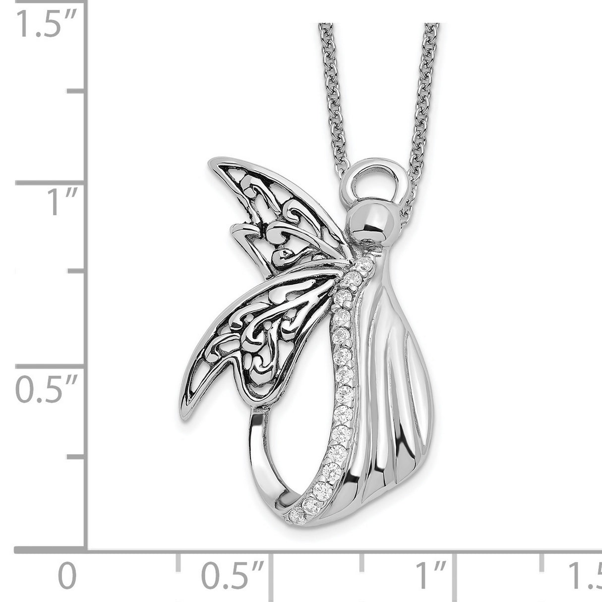 CZ Antiqued Angel of Perseverance 18in Necklace Charm Pendant in Real 925 Sterling Silver