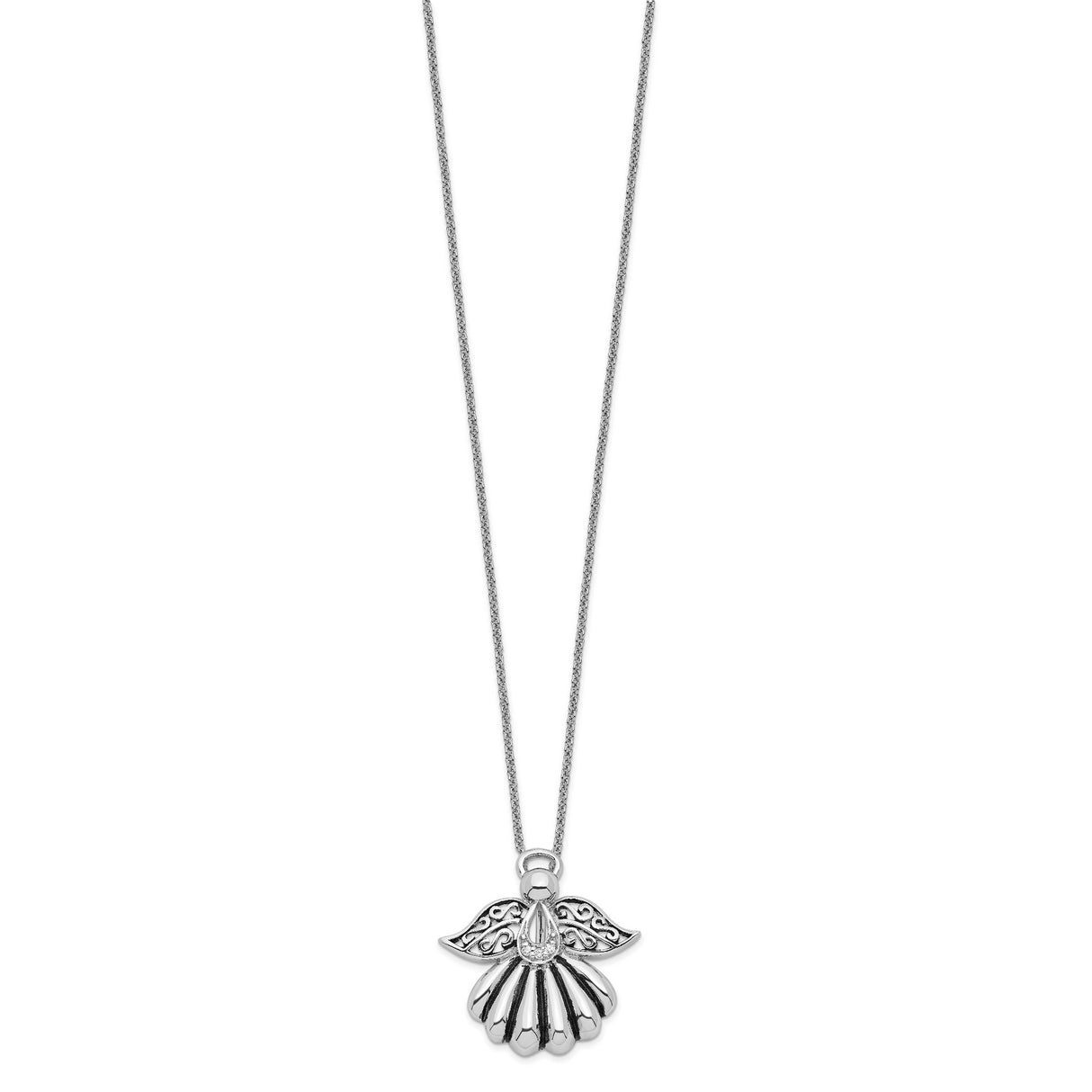 CZ Antiqued Angel of Remembrance 18in Necklace Charm Pendant in Real 925 Sterling Silver