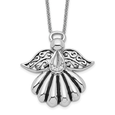 CZ Antiqued Angel of Remembrance 18in Necklace Charm Pendant in Real 925 Sterling Silver