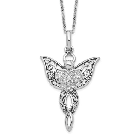 CZ Antiqued Angel of Blessing 18in Necklace Charm Pendant in Real 925 Sterling Silver