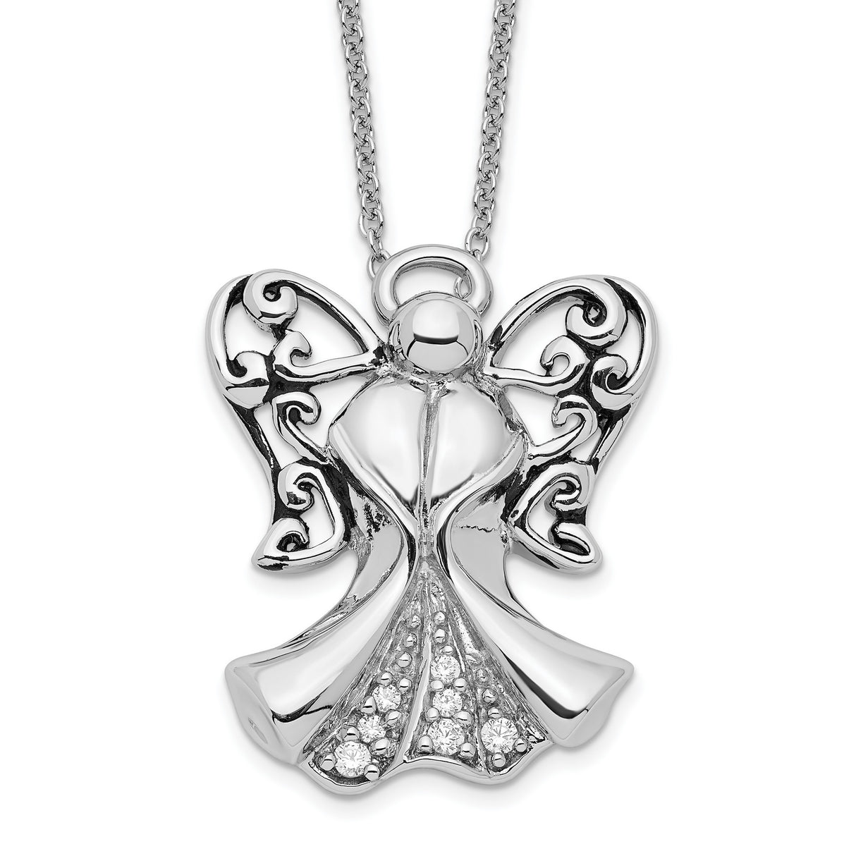 CZ Antiqued Angel of Strength 18in Necklace Charm Pendant in Real 925 Sterling Silver