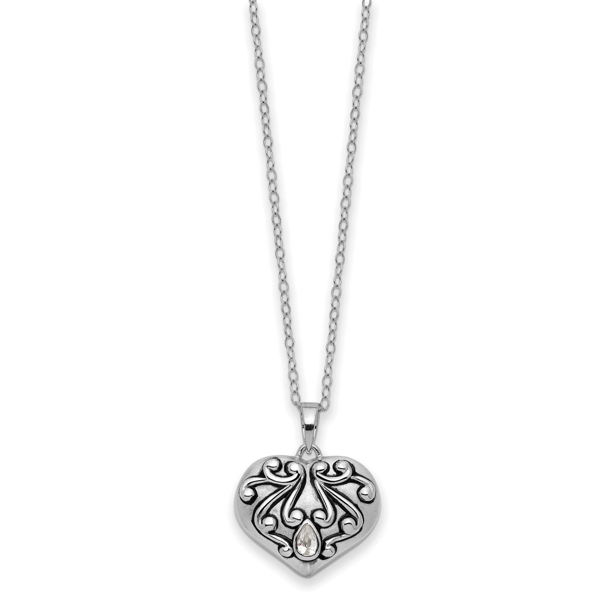 Antiqued CZ Heart Remembrance Ash Holder 18 Inch Necklace Charm Pendant in Real 925 Sterling Silver