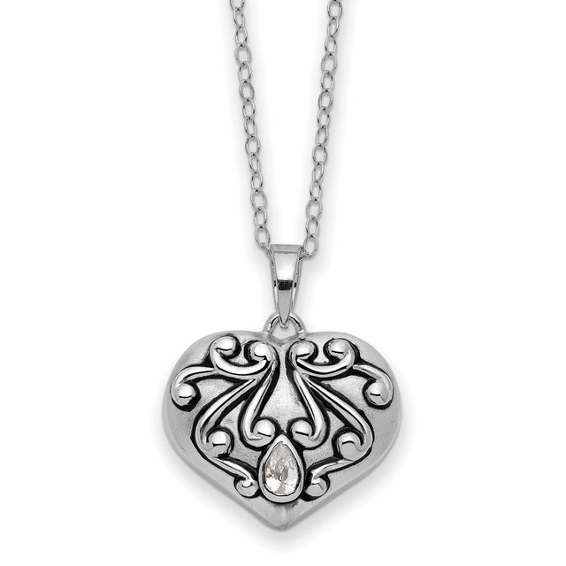 Antiqued CZ Heart Remembrance Ash Holder 18 Inch Necklace Charm Pendant in Real 925 Sterling Silver