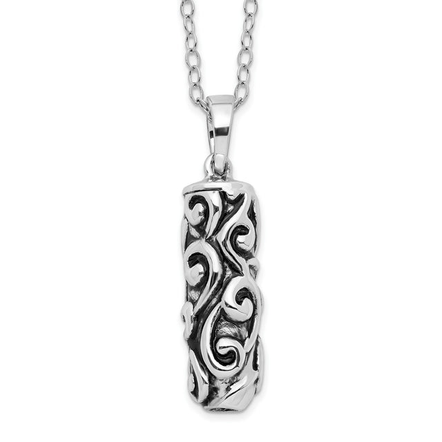 Antiqued Cylinder Remembrance Ash Holder 18 Inch Necklace Charm Pendant in Real 925 Sterling Silver