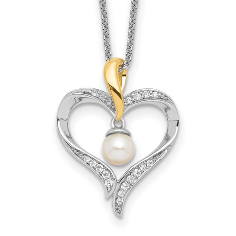 FW Cultured Pearl Heart and Soul 18in Necklace Charm Pendant in Real 925 Sterling Silver