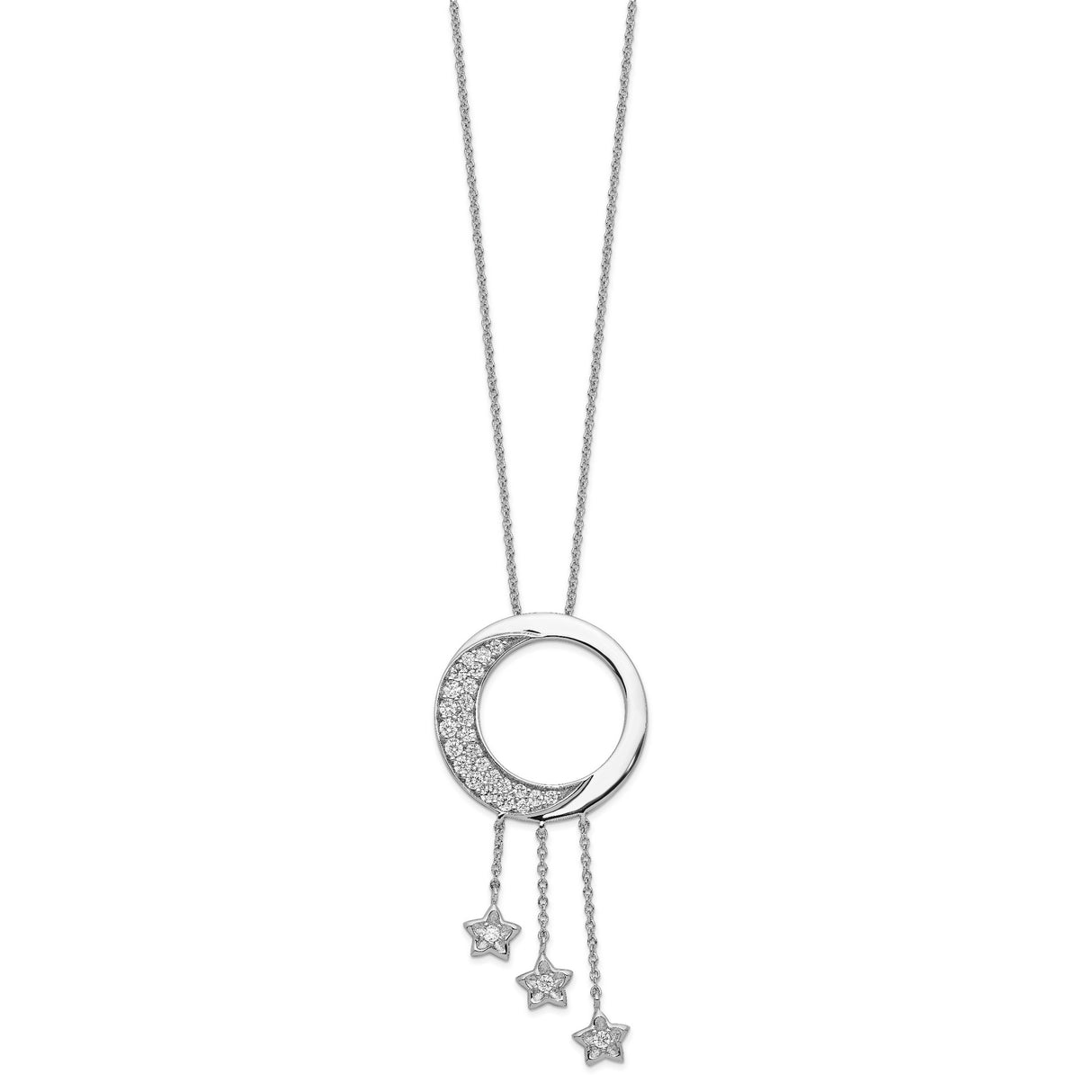 CZ Half Moon With Stars Necklace Charm Pendant in Real 925 Sterling Silver